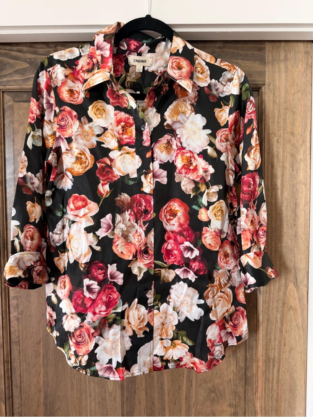 L'AGENCE Black Floral Button-Down Shirt with Red, Pink & Cream Roses